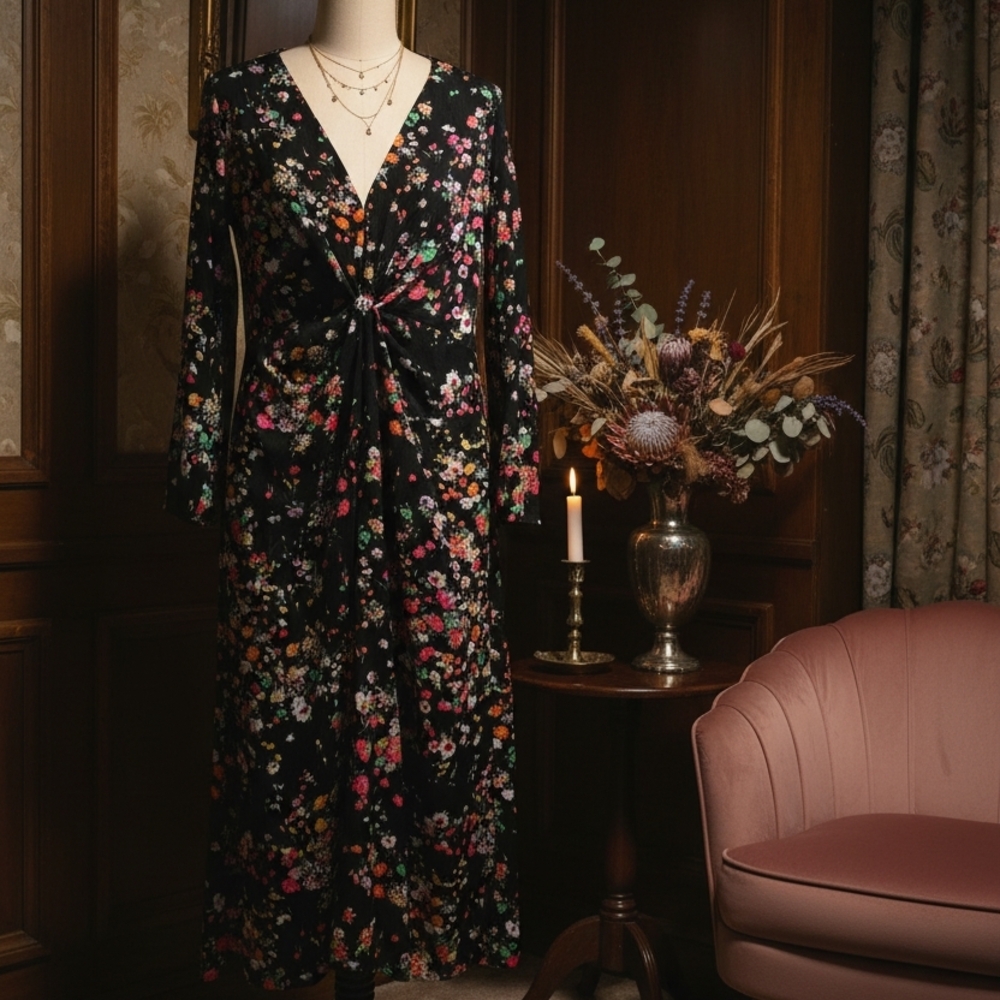 H&M Floral Long Sleeve Dress - Black and Multicolor